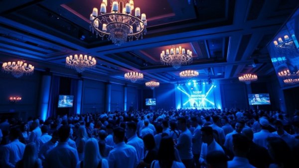 Breaking news at a lively event with blue lighting and full audience.