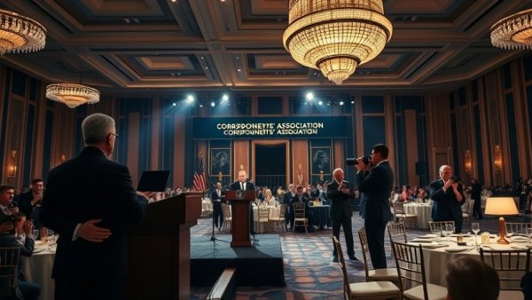 Correspondents' Association dinner with photographers and crowd.