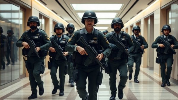 Breaking news: Armed personnel move quickly through formal hallway.