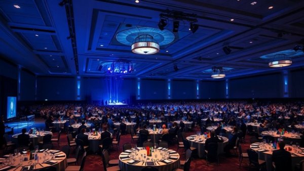 Conference hall event with blue lighting and audience, breaking news today.