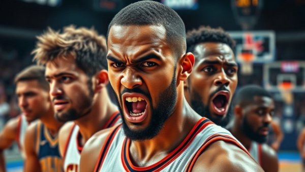 Intense NBA playoff coverage collage with dynamic player expressions.