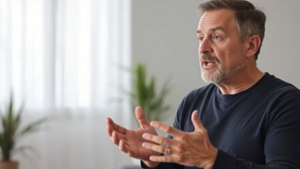 Middle-aged man discussing how to grow taller naturally indoors.