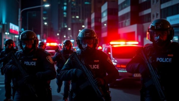Tactical officers responding to night emergency with flashing lights, manifesto white house correspondents dinner.