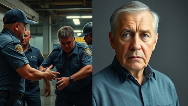 Breaking news scene of arrest and serious older man.