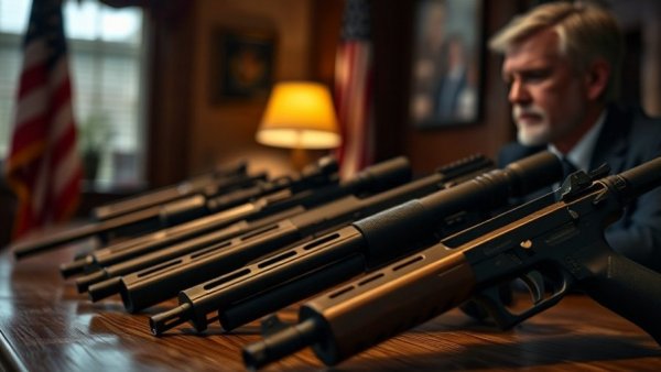Firearms on table with blurred background, highlighting gun control in the US.