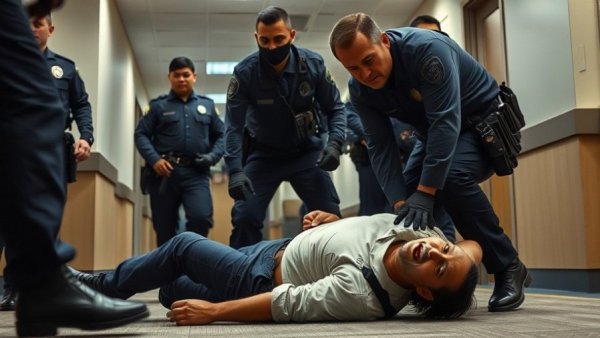 Dramatic scene with police apprehending a man, symbolic tension.