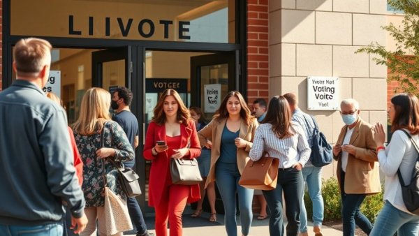Dallas County precinct voting location with people exiting and signs visible.