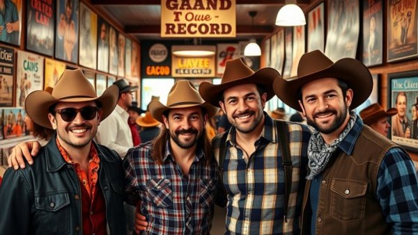 Mack Jack McConaughey Gala Austin, group in cowboy hats at record shop