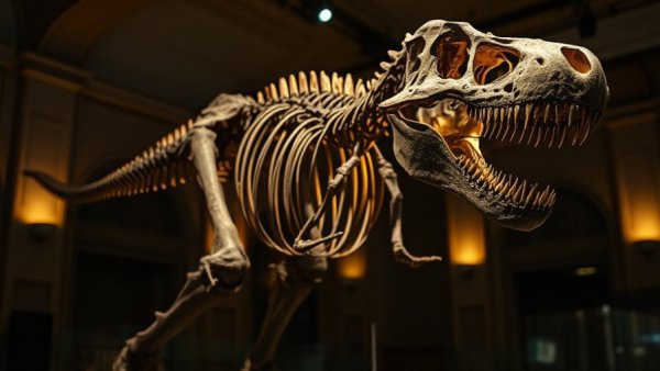 Dramatic T. rex skeleton display showcasing bones and teeth in a museum.