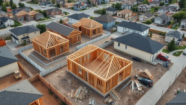 Aerial view of house construction in Dallas real estate market.