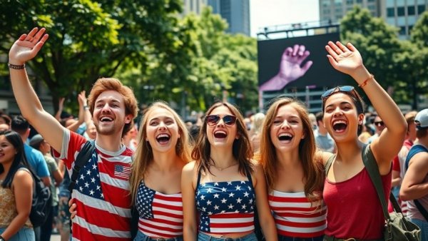 US tourism fearmongering campaign amid joyful crowd waving flags.