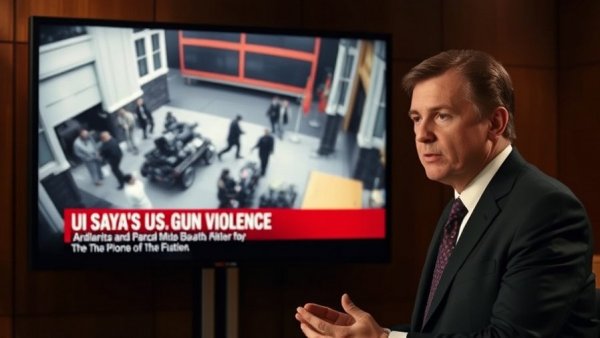 US gun violence news broadcast with commentator and footage.