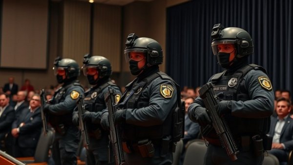 Security personnel at formal event addressing national security vulnerabilities post-WHCD shooting.