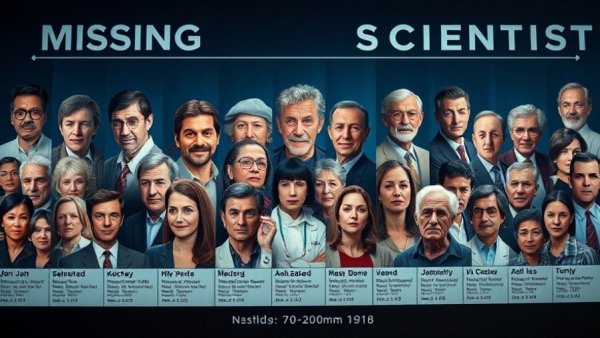 Timeline of missing scientists in the US with a news channel logo.