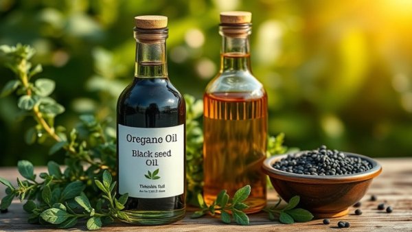 Bottles of oregano and black seed oil with herbs in a garden, detox your body.