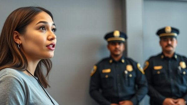 Houston news split image with woman and police officers.