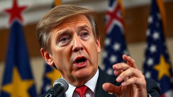 Politician speaks about gerrymandering in America with flags behind.