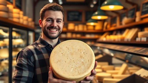 Man in deli showcasing Dallas cheese selections