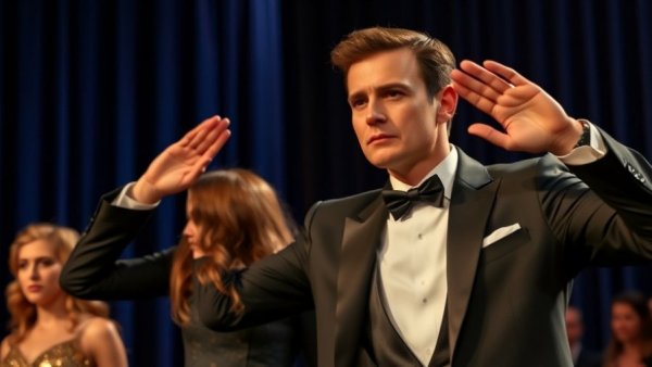 Elegantly dressed man saluting on stage with dark blue curtains.