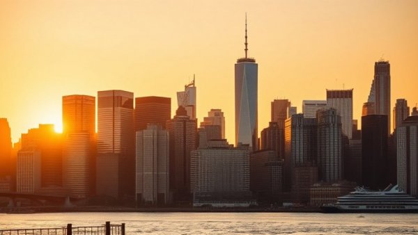 New York City skyline at sunset highlighting housing crisis.