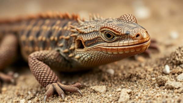 Close-up of brown spiked lizard, focusing on intricate textures.