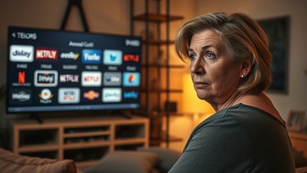 Woman concerned about streaming services costs with TV in background.