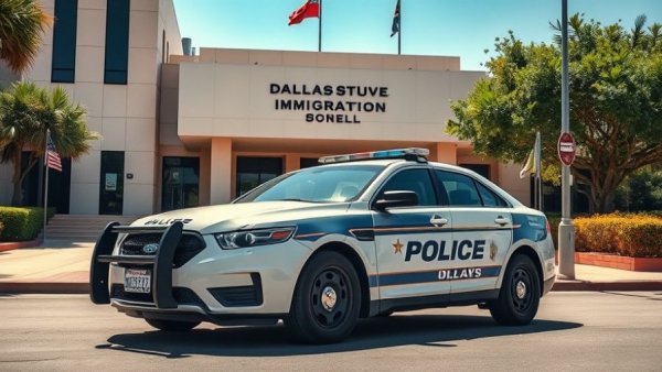 Dallas Police car outside immigration services building, Texas cities ICE cooperation.