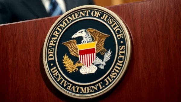 Department of Justice seal on podium symbolizing authority in law.