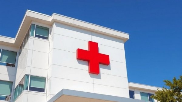 Modern hospital exterior with a red cross emblem under blue sky, ACA subsidy expiration impact.