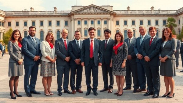 Trump news event with four distinguished individuals outdoors.