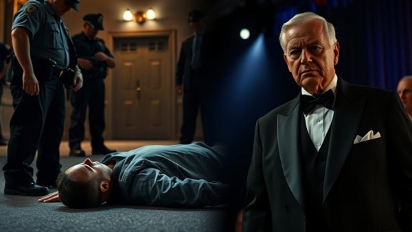 Shooting investigation at event; tense arrest juxtaposed with formal dinner.