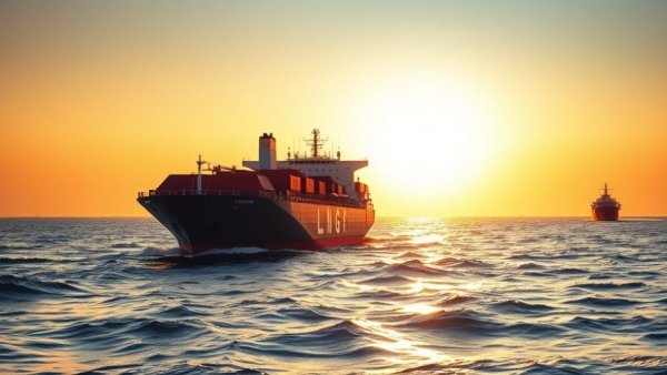 LNG tanker crosses Hormuz at sunset, ocean view.