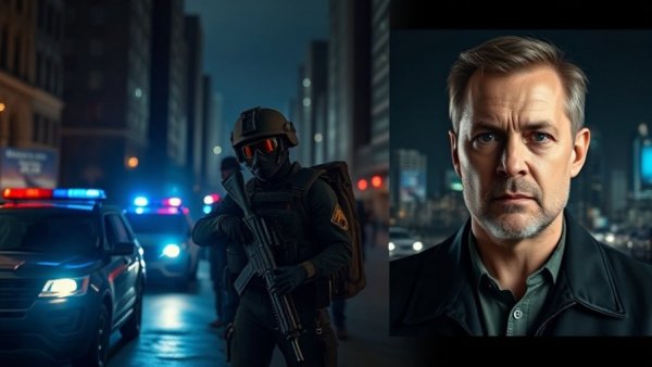 Tactical operation at night alongside an interview on TV.