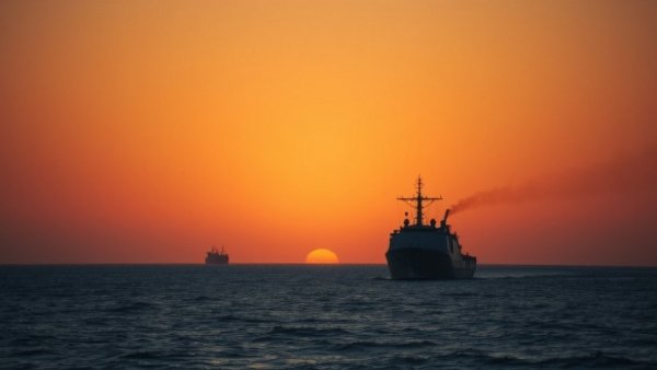 Navy vessel and cargo ship at dawn reflecting US-Iran negotiations US news.