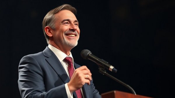 Man delivering a humorous speech on stage, political humor in the US.