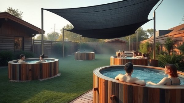 Outdoor wellness spa in Austin with hot tubs and relaxed people.