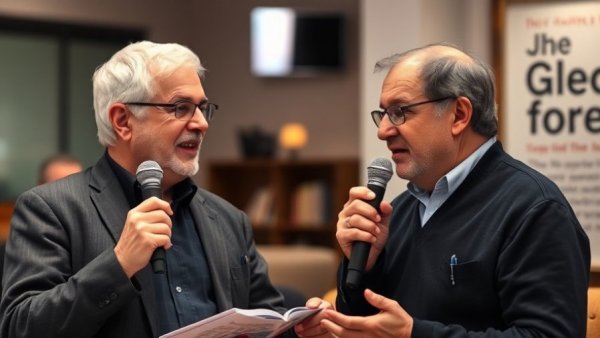 Breaking US news discussion with two men in front of book cover.