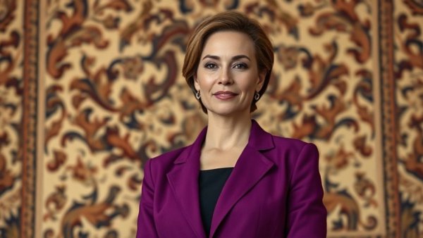 Confident woman in purple blazer against tapestry backdrop, California Prop 50 Misbranding Claims.