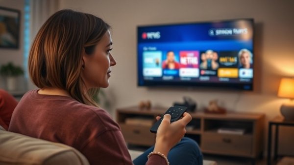 Woman evaluating streaming services costs while holding remote.