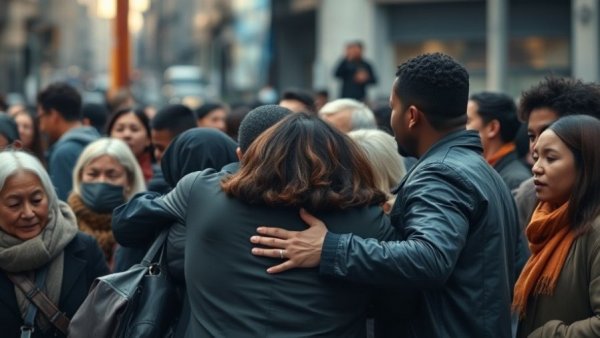 Emotional gathering scene related to Camp Mystic flood tragedy.