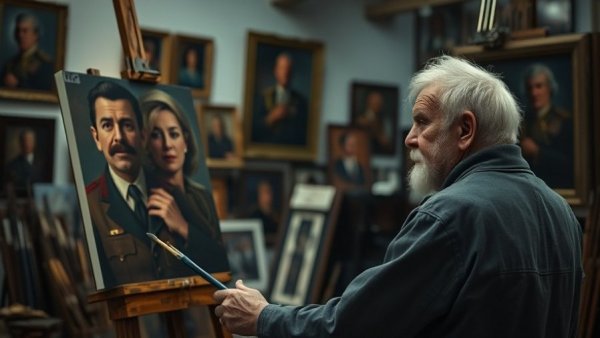 Elderly artist in studio painting a fallen hero portrait, honoring legacy.