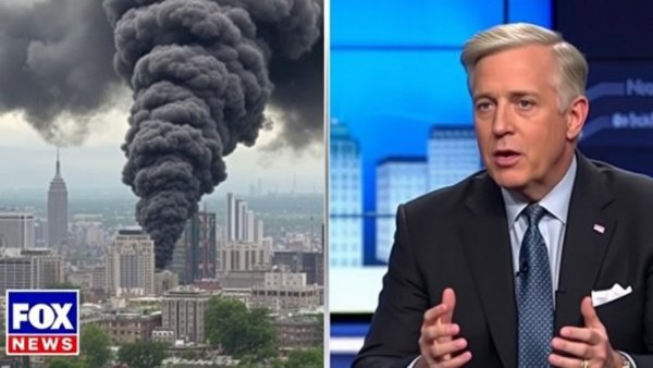 Fox News split screen discussing Trump stances on Iran with urban smoke and commentator.