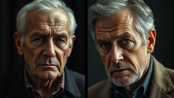 Contrasting serious men in split image symbolizing conflict.