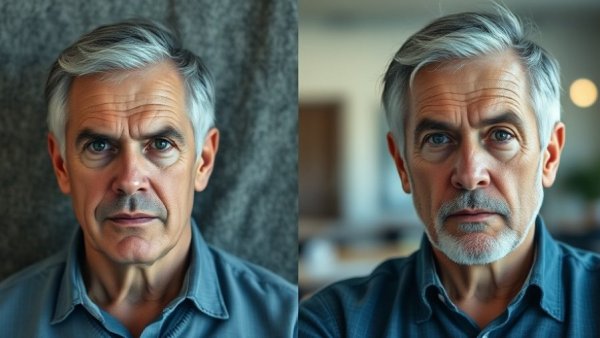 Split-screen image of two serious older men with contrasting backgrounds.