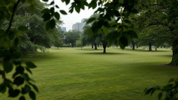 Lush green park with city buildings under overcast sky related to Austin city council parks bond proposal.