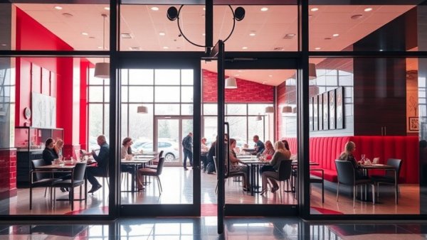 Texas State dining area with modern glass entrance and seated patrons.