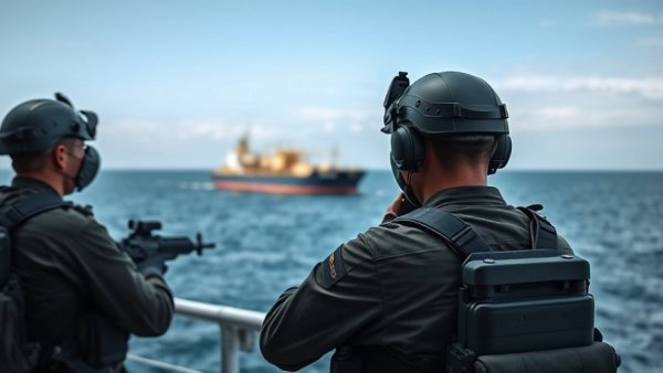 Military personnel monitoring tanker during extended blockade against Iran.