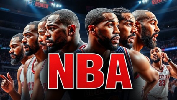 NBA action collage including players and fans with bold overlay.