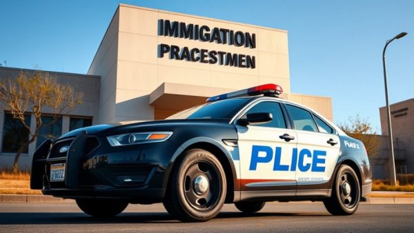 Texas patrol car outside immigration office, sunny day.