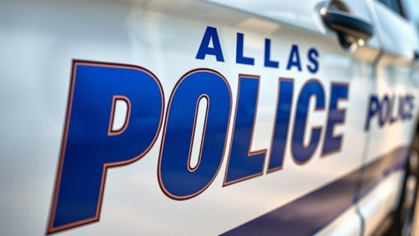 Close-up of Dallas police vehicle door with 'POLICE' lettering.